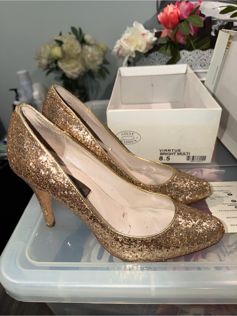 Steve Madden Glitter Pointed-Toe Heels in Gold